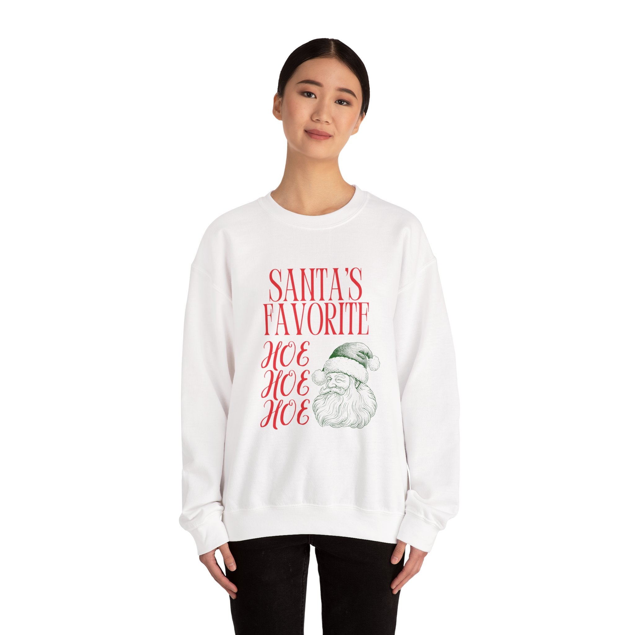 Christmas Sweatshirt - "Santa's Favorite Hoe Hoe Hoe" Vintage Santa White Crewneck