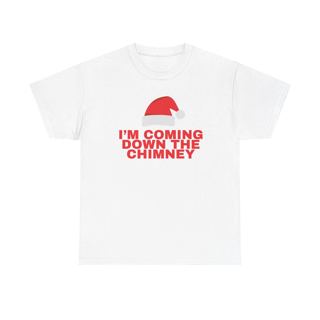 Christmas Tee - "I’m Coming Down the Chimney" Santa Hat Holiday White Duo Shirt