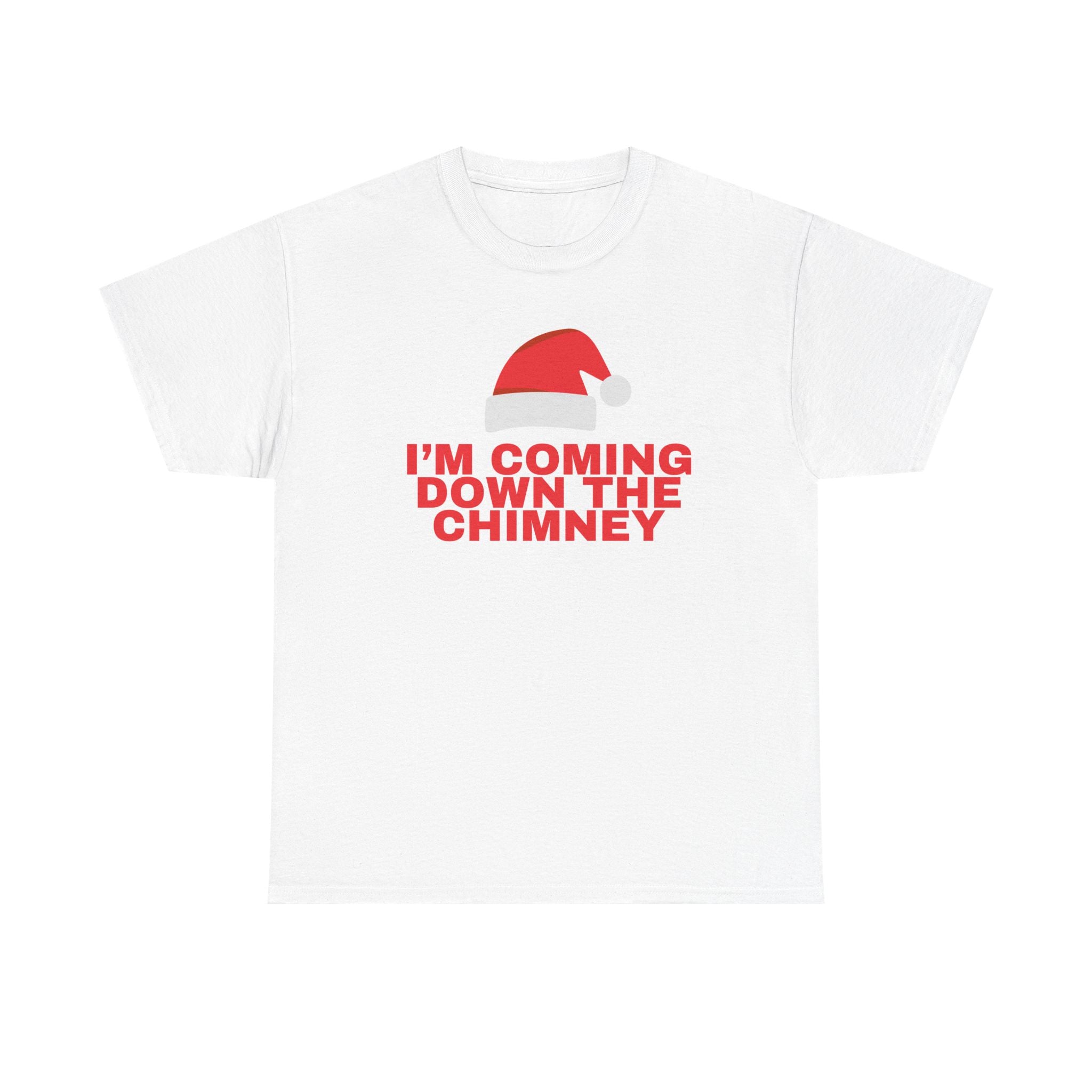 Christmas Tee - "I’m Coming Down the Chimney" Santa Hat Holiday White Duo Shirt