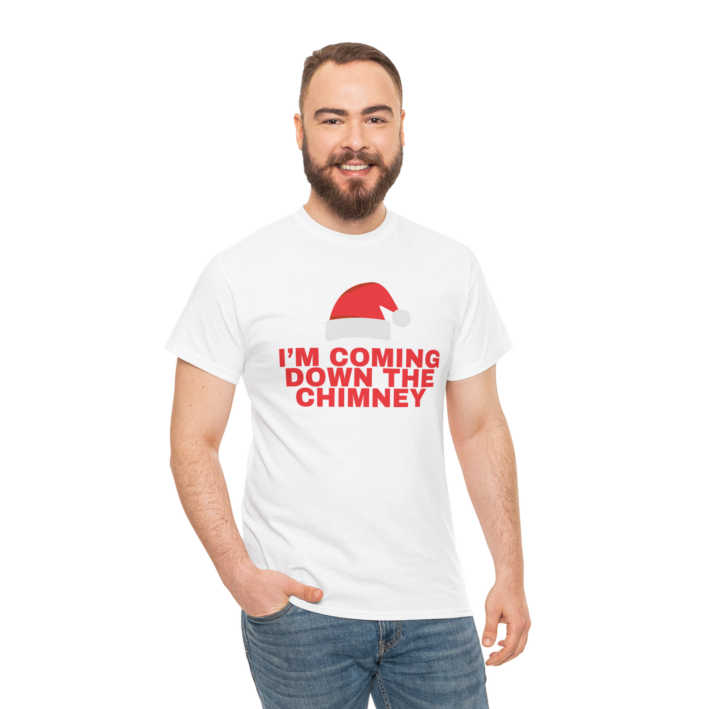 Christmas Tee - "I’m Coming Down the Chimney" Santa Hat Holiday White Duo Shirt