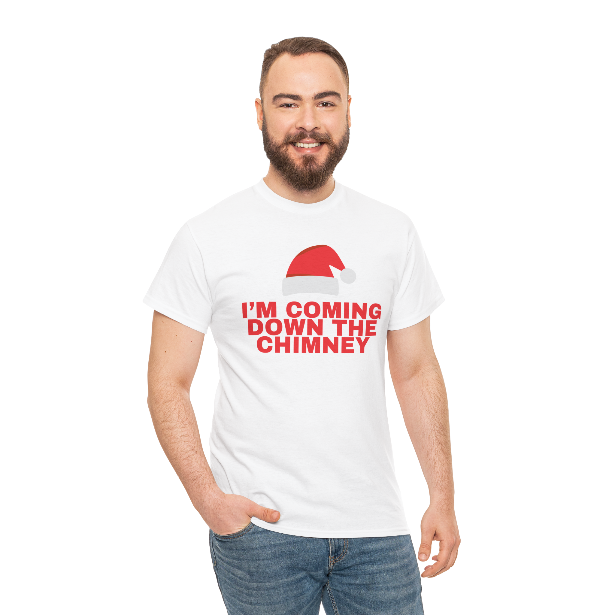 Christmas Tee - "I’m Coming Down the Chimney" Santa Hat Holiday White Duo Shirt